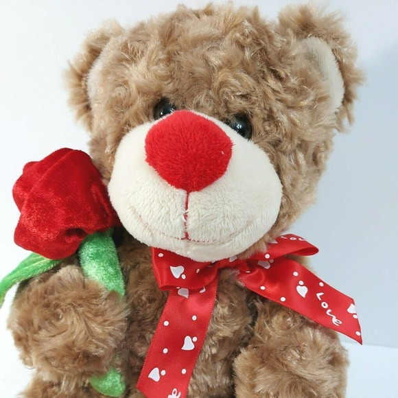 Kellytoy Valentine Brown Teddy Bear Rose Love Bow 12" Plush Stuffed Animal Toy - Picture 5 of 8
